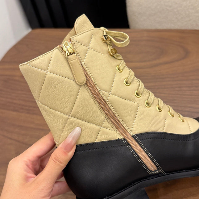 CHANEL 26S LACE UP HIGH TOP BOOTS 45 MM IN BLACK AND BEIGE CALFSKIN