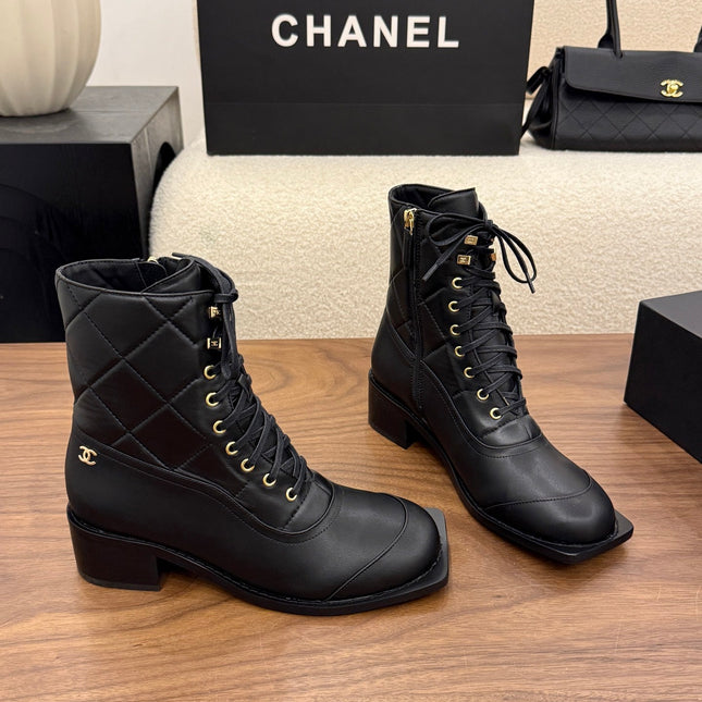 CHANEL 26S LACE UP HIGH TOP BOOTS 45 MM IN BLACK CALFSKIN