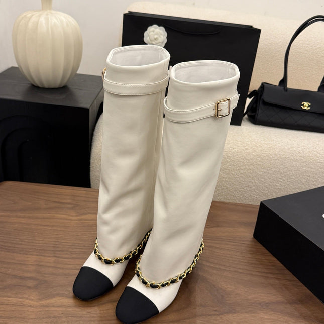 CHANEL 26S TALL BOOTS 60 MM IN WHITE CALFSKIN TALL BOOTS WITH GOLD TONE CHAIN DETAIL
