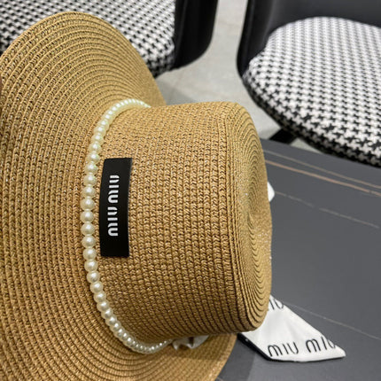 MIUMIU SMALL-BRIM STRAW HAT IN BEIGE AND PEARL EMBELLISHED
