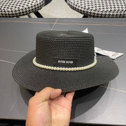 MIUMIU SMALL-BRIM STRAW HAT IN BLACK AND PEARL EMBELLISHED