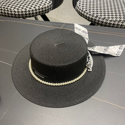 MIUMIU SMALL-BRIM STRAW HAT IN BLACK AND PEARL EMBELLISHED