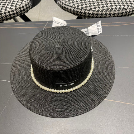MIUMIU SMALL-BRIM STRAW HAT IN BLACK AND PEARL EMBELLISHED