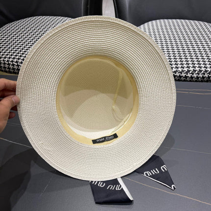 MIUMIU SMALL-BRIM STRAW HAT IN CREAM WHITE AND PEARL EMBELLISHED