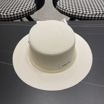 MIUMIU SMALL-BRIM STRAW HAT IN CREAM WHITE AND PEARL EMBELLISHED