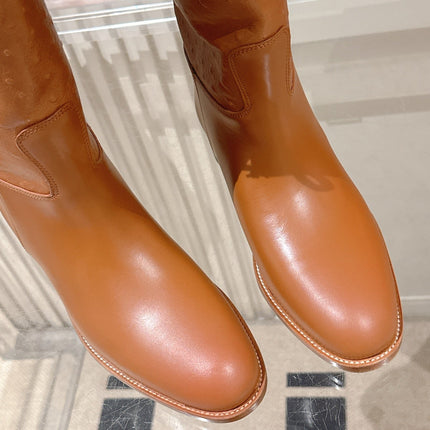 HM 26S TALL FLAT BOOTS IN COGNAC BROWN OSTRICH LEATHER