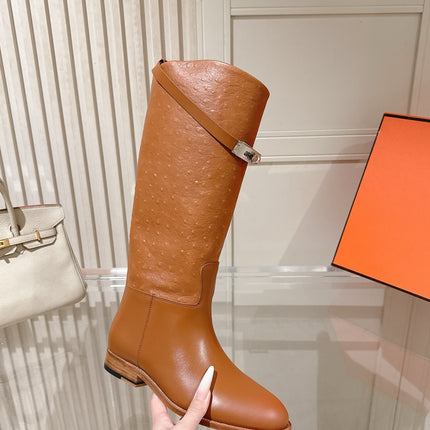 HM 26S TALL FLAT BOOTS IN COGNAC BROWN OSTRICH LEATHER