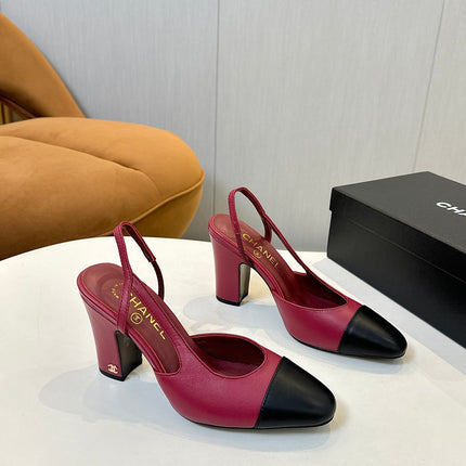 CC SLINGBACK IN BURGUNDY RED MIX BLACK CALFSKIN