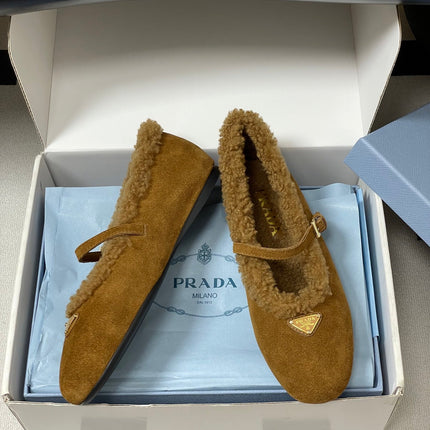 PRADA 25S MARY JANE FLATS IN DARK WALNUT BROWN SUEDE WITH GOLD HARDWARE