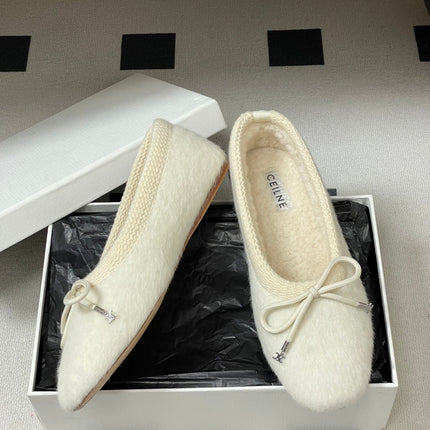 CELINE 26S BALLET FLATS IN WHITE WOOL WITH BOW STYLE 2