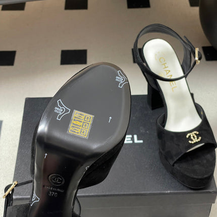 CHANEL 26S HIGH HEEL SANDALS 120 MM IN BLACK SUEDE