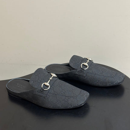 GUCCI 26S HORSEBIT LOAFER MULES IN BLACK CANVAS