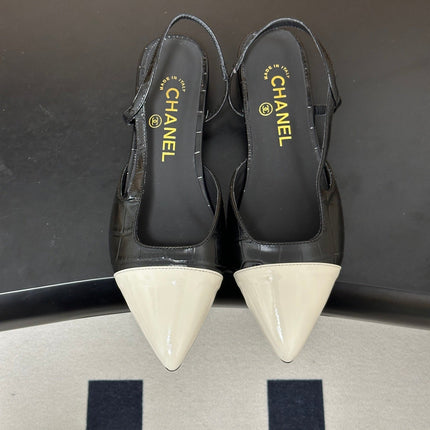 CHANEL 26S POINTED TOE SLINGBACKS IN BLACK MIX WHITE LAMBSKIN