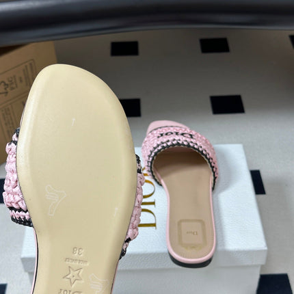 DIOR 26S FLAT SLIDE SANDALS IN PINK RAFFIA