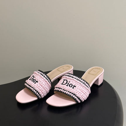 DIOR 26S BLOCK-HEEL SLIDE SANDALS 40MM IN PINK RAFFIA
