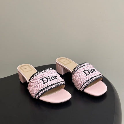 DIOR 26S BLOCK-HEEL SLIDE SANDALS 40MM IN PINK RAFFIA