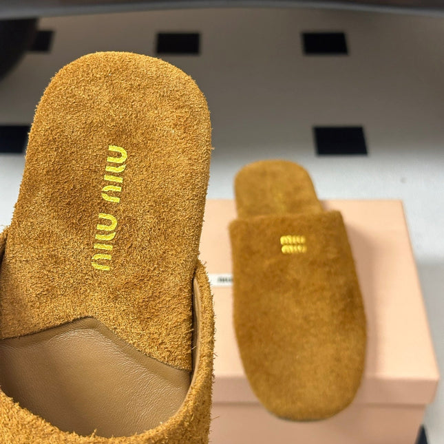 MIUMIU 26S MULE LOAFERS IN TAN BROWN SUEDE LOGO