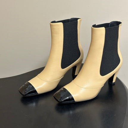 CHANEL 26S ANKLE BOOTS 60 MM IN BEIGE CALFSKIN AND BLACK PATENT