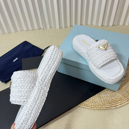 PRA CROCHET FLATFORM SLIDES WHITE RAFFIA