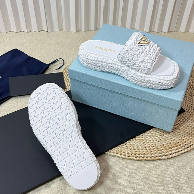 PRA CROCHET FLATFORM SLIDES WHITE RAFFIA