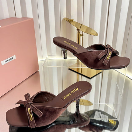 MIUMIU 26S MULE SANDALS 55MM IN DARK BROWN SUEDE WITH BOW