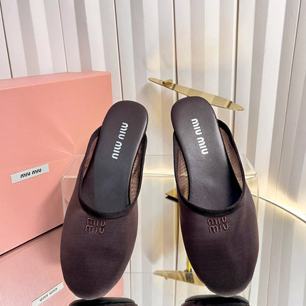 MIUMIU 26S FLAT MULES IN CHOCOLATE BROWN FABRIC AND LEATHER 