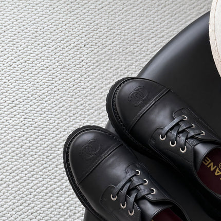 CHANEL 26S LACE UP PLATFORM IN BLACK CALFSKIN
