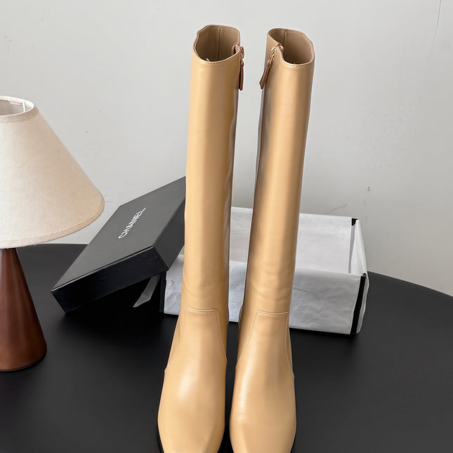 CHANEL 26S TALL BOOTS 70 MM IN BEIGE CALFSKIN SQUARE TOE