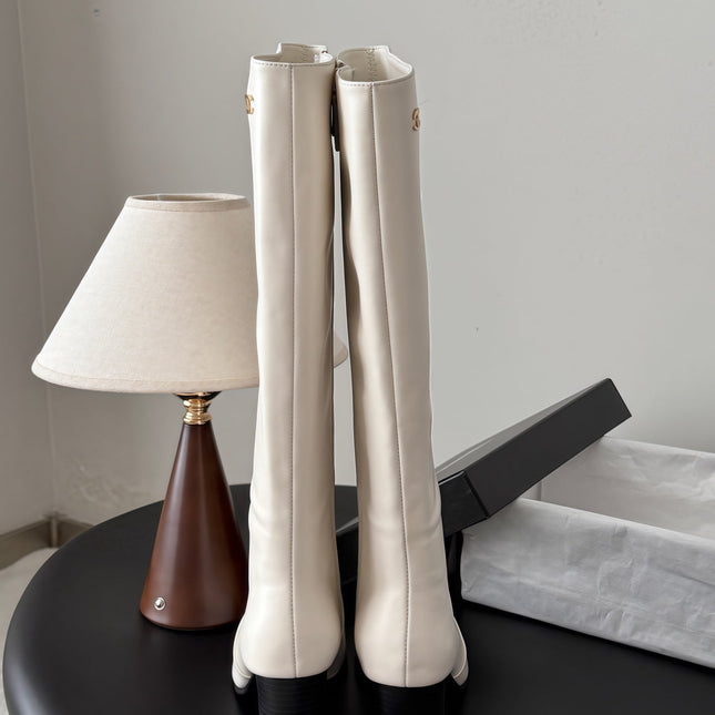 CHANEL 26S TALL BOOTS 70 MM IN CREAM WHITE CALFSKIN SQUARE TOE