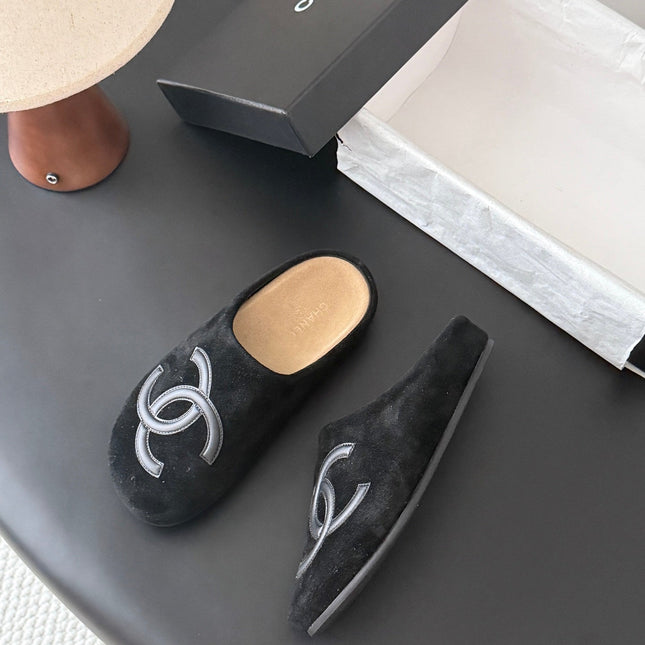 CHANEL 26S MULES IN BLACK SUEDE ROUND TOE