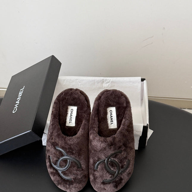 CHANEL 26S MULES IN DARK BROWN SHEARLING LINING ROUND TOE