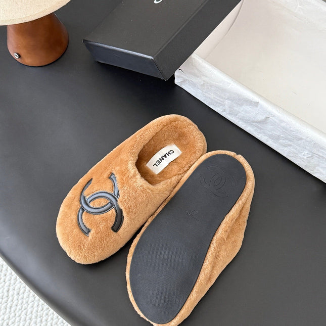 CHANEL 26S MULES IN BROWN SHEARLING LINING ROUND TOE