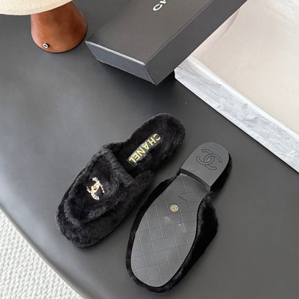 CHANEL 26S MULES IN BLACK SHEARLING LINING