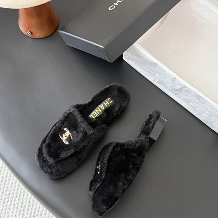 CHANEL 26S MULES IN BLACK SHEARLING LINING