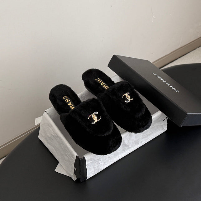 CHANEL 26S MULES IN BLACK SHEARLING LINING