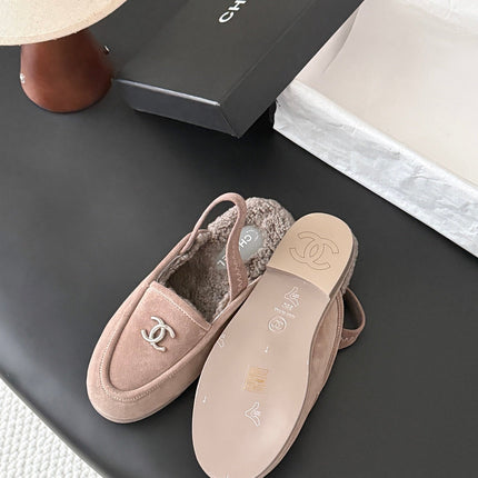 CHANEL 26S SLINGBACK LOAFERS IN GREY SUEDE AND SHEARLING LINING