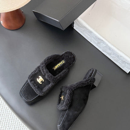 CHANEL 26S MULES IN BLACK SHEARLING AND SUEDE