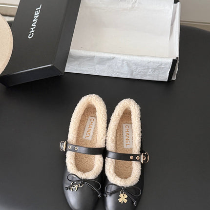 CHANEL 26S MARY JANE FLATS IN BLACK LAMBSKIN AND SHEARLING