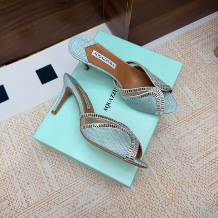 AQUAZZURA 26S HEELED SANDALS 75 MM IN LIGHT BLUE RAFFIA TEXTURE