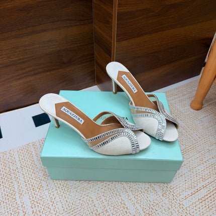 AQUAZZURA 26S HEELED SANDALS 75 MM IN WHITE RAFFIA TEXTURE