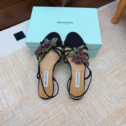 AQUAZZURA 26S CRYSTAL SANDALS IN BLACK FABRIC