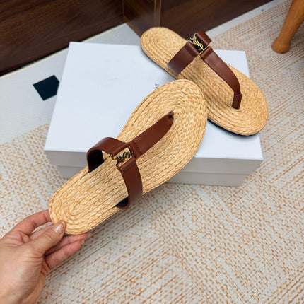 YSL 26S THONG SLIDES IN BEIGE RAFFIA AND BROWN CALFSKIN