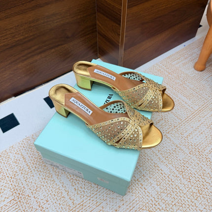 AQUAZZURA 26S CELESTE SANDALS 55 MM IN GOLD MESH & LEATHER