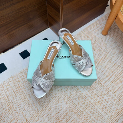 AQUAZZURA 26S CELESTE SANDALS 55 MM IN SILVER MESH & LEATHER