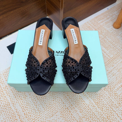 AQUAZZURA 26S CELESTE SANDALS 55 MM IN BLACK MESH & LEATHER