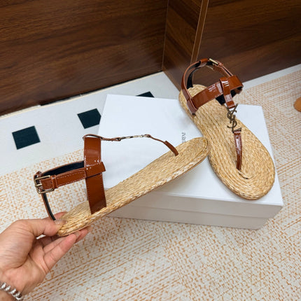 YSL 26S THONG SANDALS IN BEIGE RAFFIA AND BROWN GLOSSY CALFSKIN