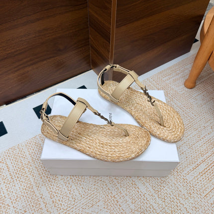YSL 26S THONG SANDALS IN BEIGE RAFFIA AND CALFSKIN