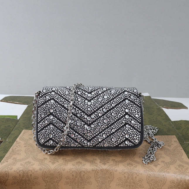 GUCCI 26S GG MARMONT MINI SHOULDER BAG 16 IN BLACK EMBOSSED CRYSTALS