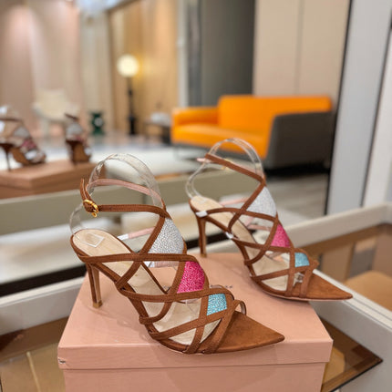 GIANVITO ROSSI 26S CROSS STRAP HEELS 85 MM IN BROWN SUEDE