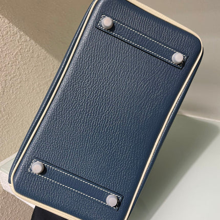 HM 25S BIRKIN 25 CM IN MIDNIGHT BLUE AND CREAM WHITE LAMBSKIN WITH SILVER HARDWARE